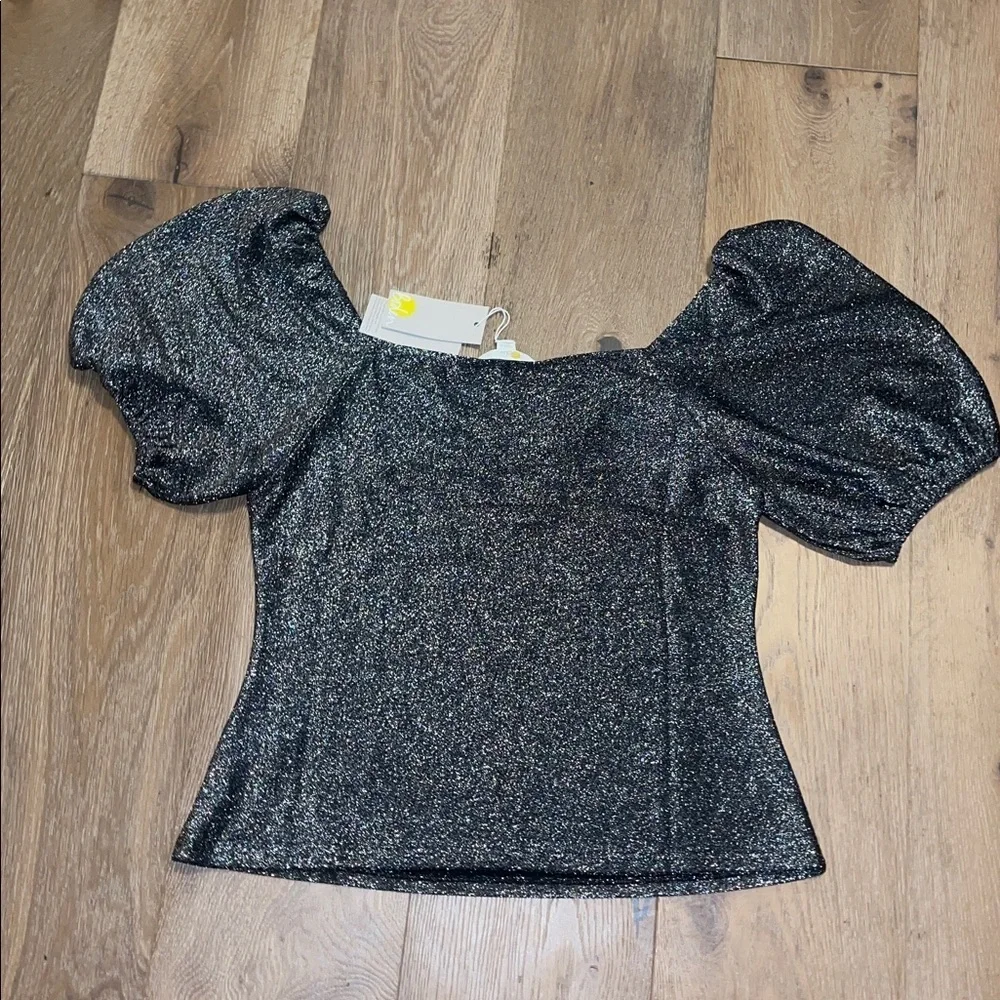 New Boden Silver Glitter Women's Blouse puff sleeve cinched top short sleeve